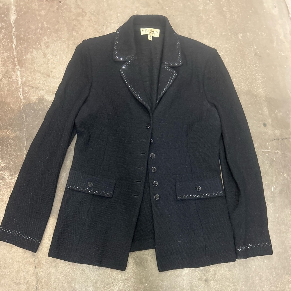 St John Black Blazer Sparkly Crystal Bling Wool Silk Blend Size 12 Festive